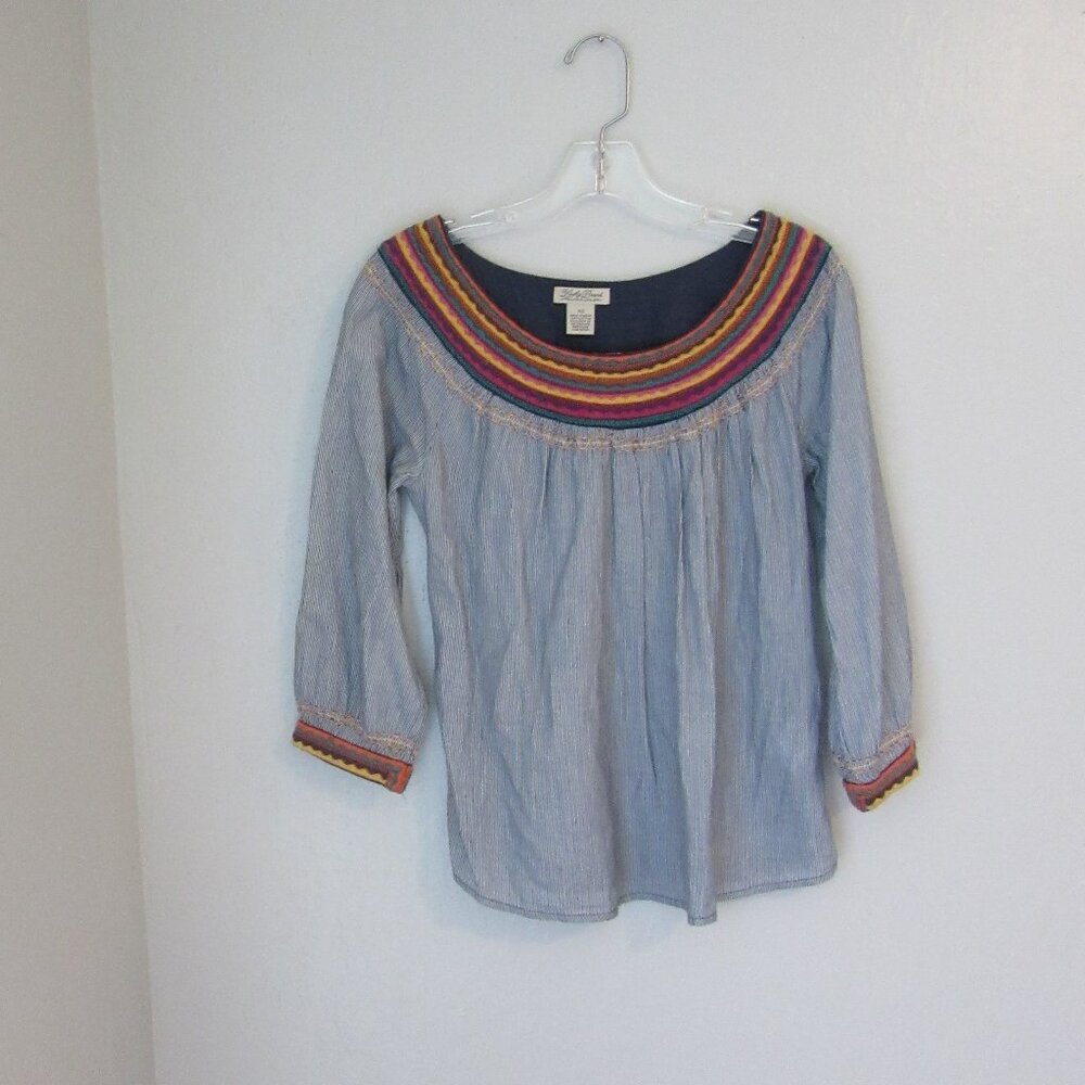 LUCKY BRAND Blue & White Stripe Boho Pullover Round Neck XS 3/4 Sleeve Top